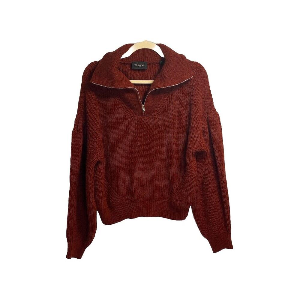 The Kooples Mohair Sweater Women’s Size 1‎ Zipped Roll Neck Red Ribbed Knit